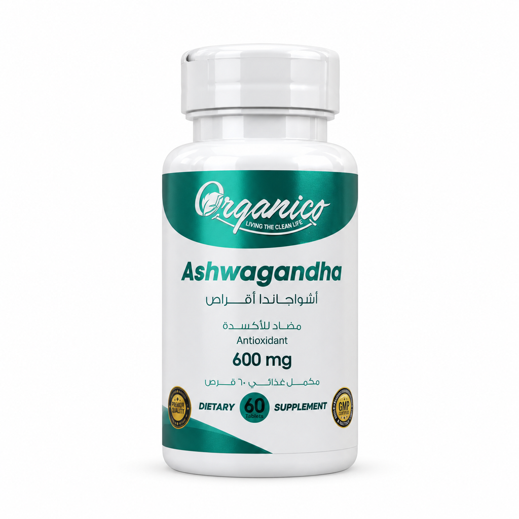 Premium Ashwagandha 600mg with 60 tablets per bottle. Supports calmness, focus, balanced energy, and overall wellness. High-quality formula by Organico.