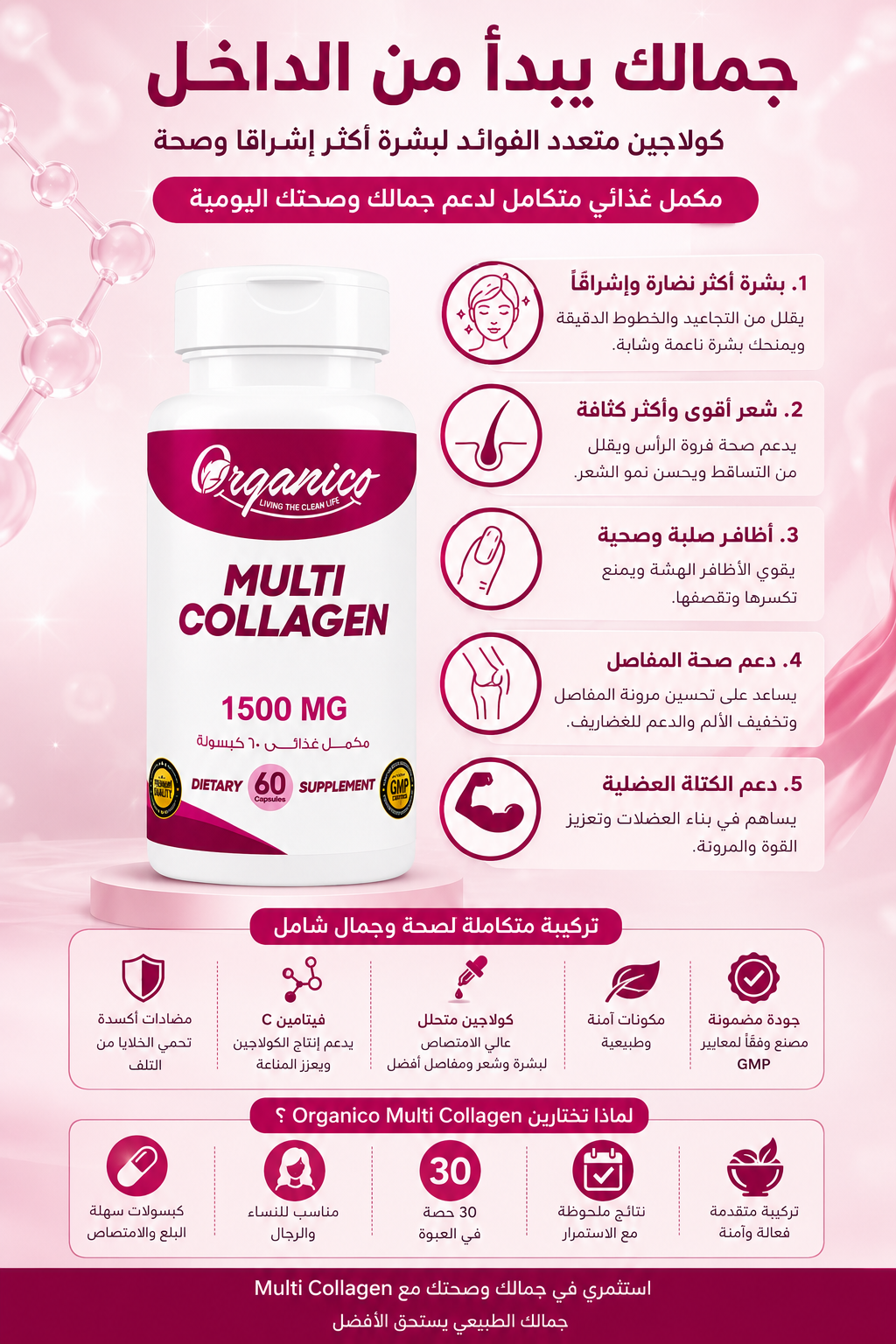 Premium Multi Collagen 1500mg formula to support healthy skin, hair, nails and joints. 60 capsules. High quality collagen supplement from Organico.