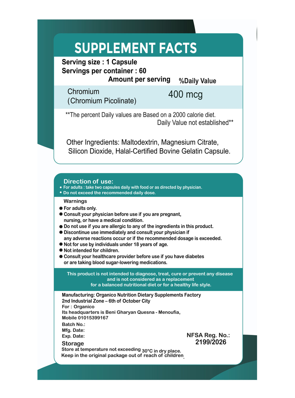 Organico Chromium Picolinate 400 mcg – Metabolism & Healthy Glucose Support – 60 Capsules