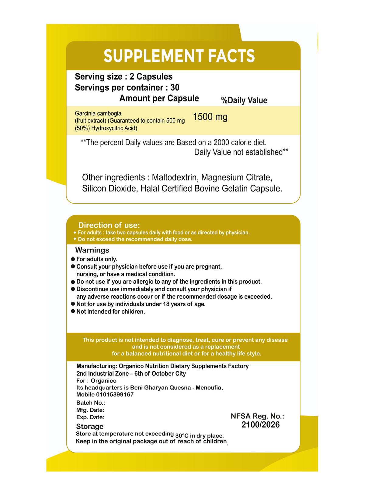 Organico Garcinia Cambogia 1500 mg – 60 Capsules