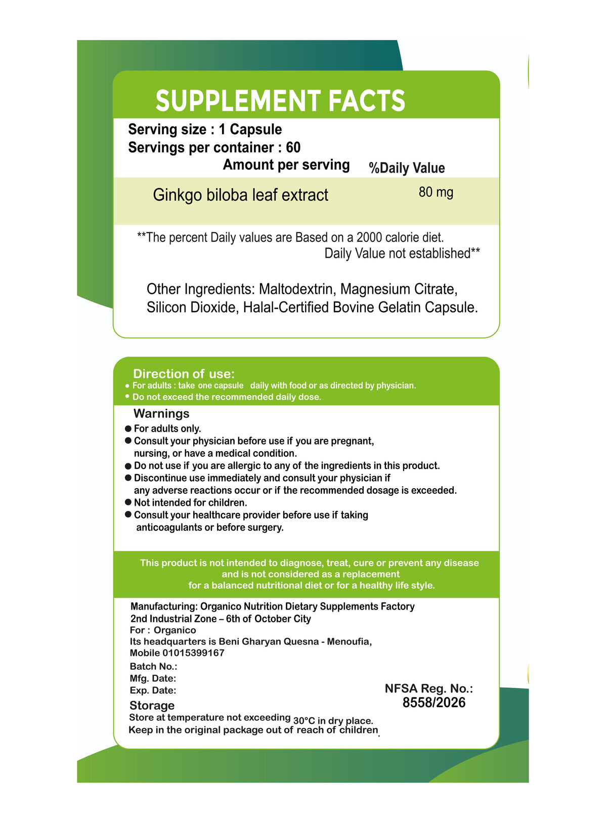 Organico Ginkgo Biloba Leaf Extract 80 mg – Cognitive, Memory & Focus Support – Dietary Supplement – 60 Capsules