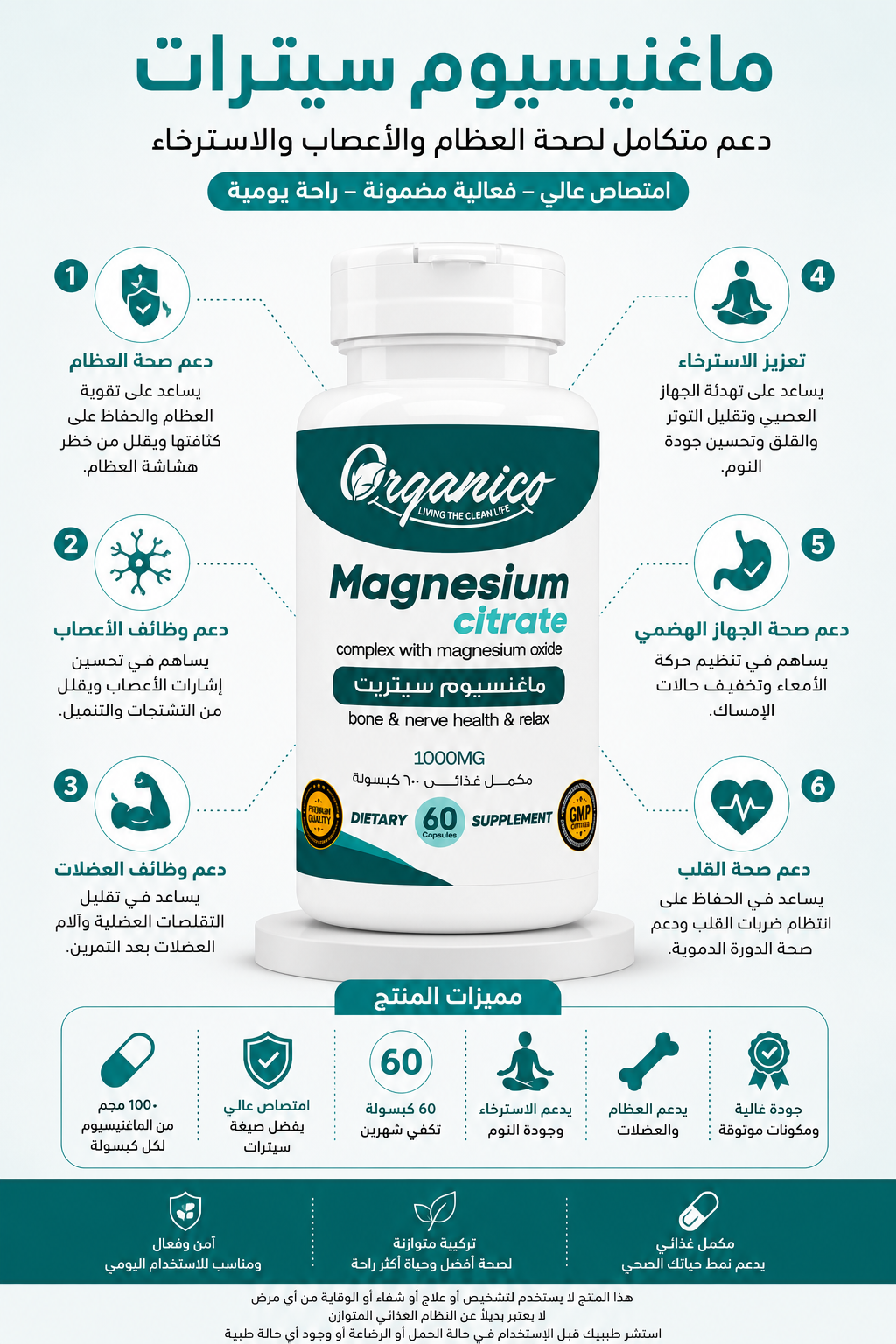 Organico Magnesium Citrate Complex with Magnesium Oxide – 1000 mg – 60 Capsules
