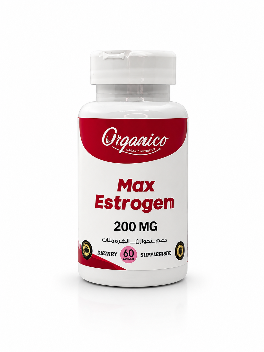 Organico Max Estrogen is a premium women's dietary supplement featuring African Akpi Seeds, Fenugreek, Black Maca, Vitamin D3, Zinc and Vitamin B6 to support daily wellness and hormonal balance.