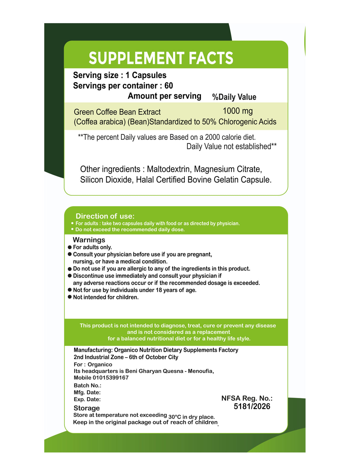 Organico Green Coffee Bean Extract 1000 mg – Standardized to 50% Chlorogenic Acids – Antioxidant Support – 60 Capsules