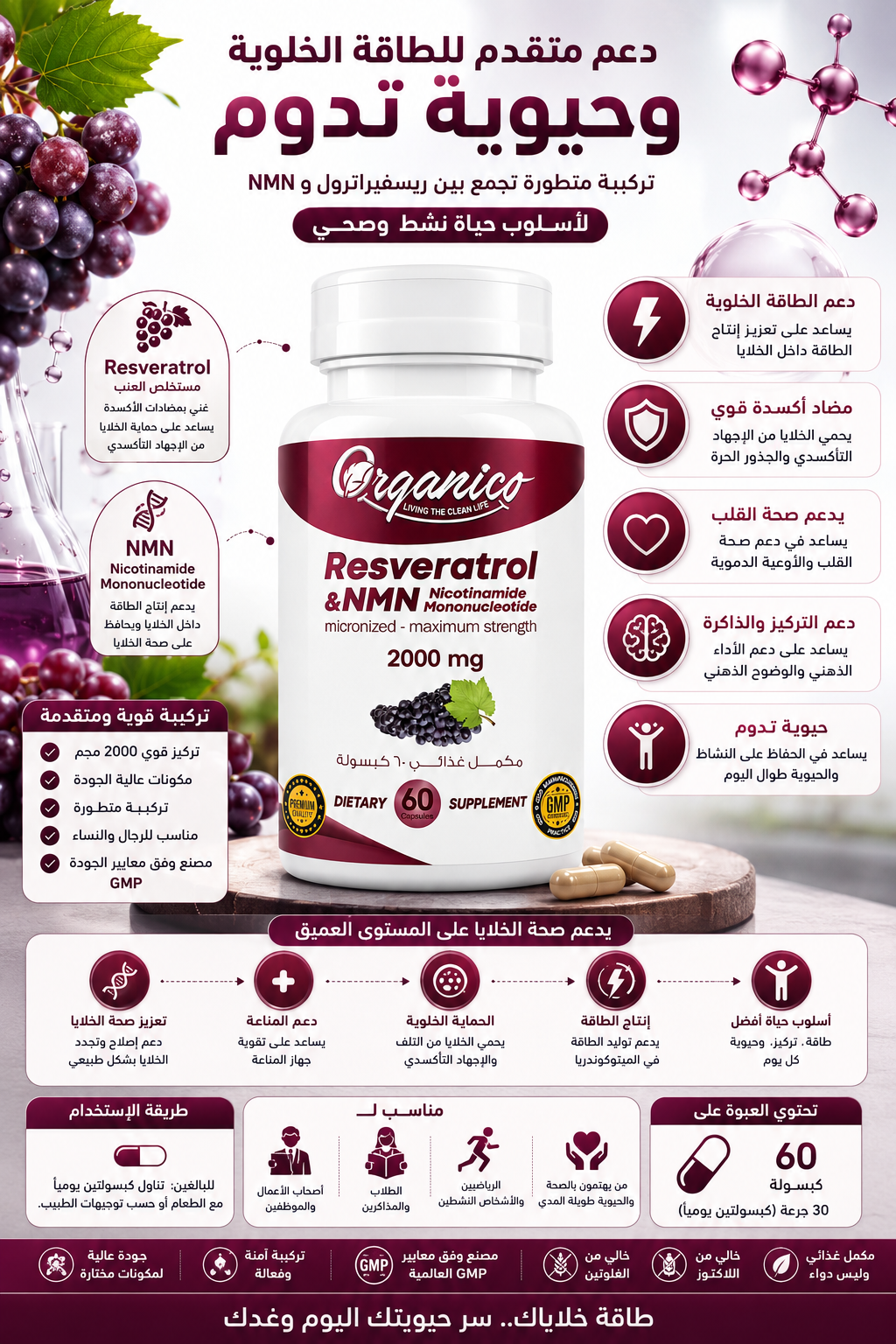 Organico Resveratrol & NMN 2000mg | Cellular Energy & Healthy Aging Support | 60 Capsules