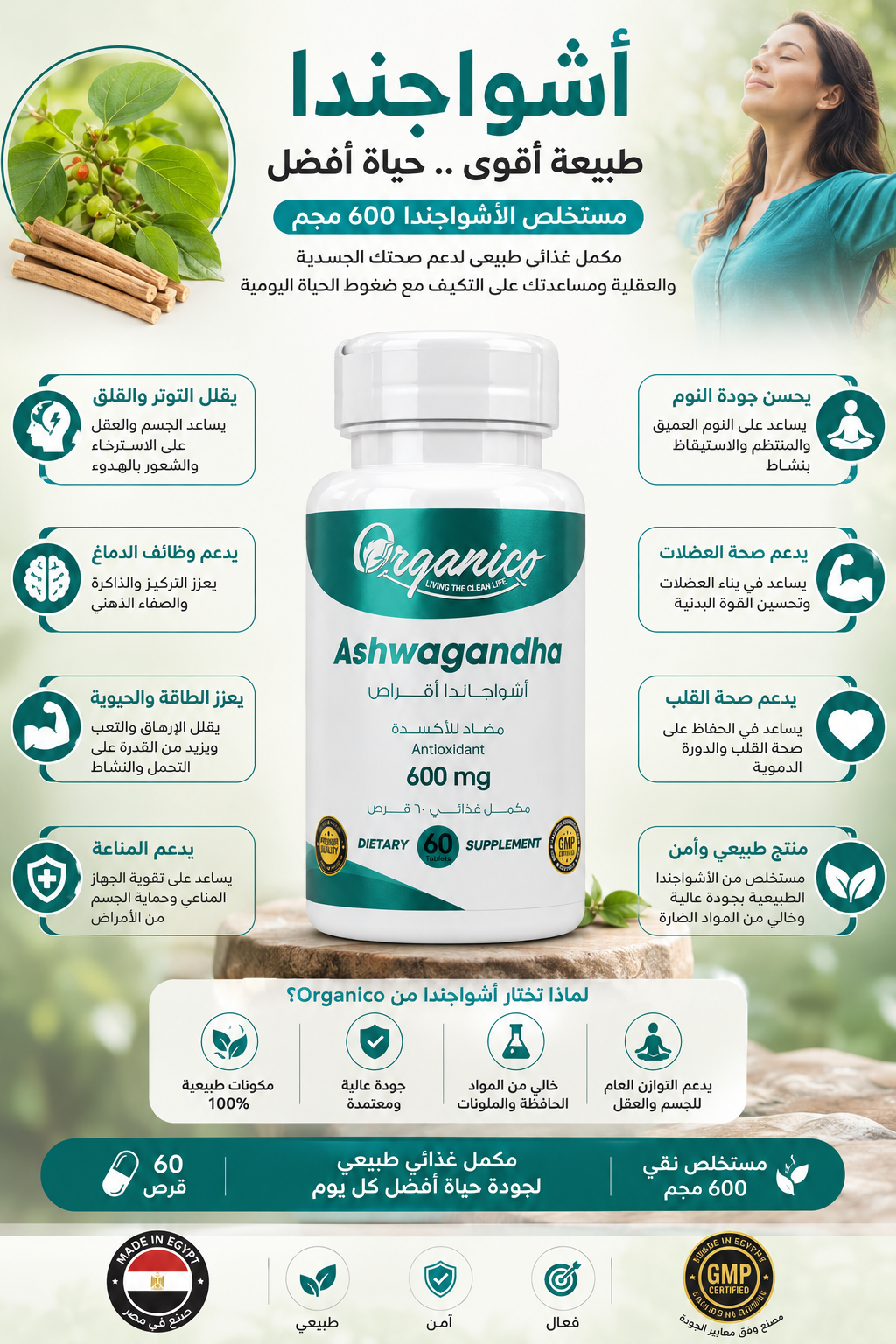 Premium Ashwagandha 600mg with 60 tablets per bottle. Supports calmness, focus, balanced energy, and overall wellness. High-quality formula by Organico.