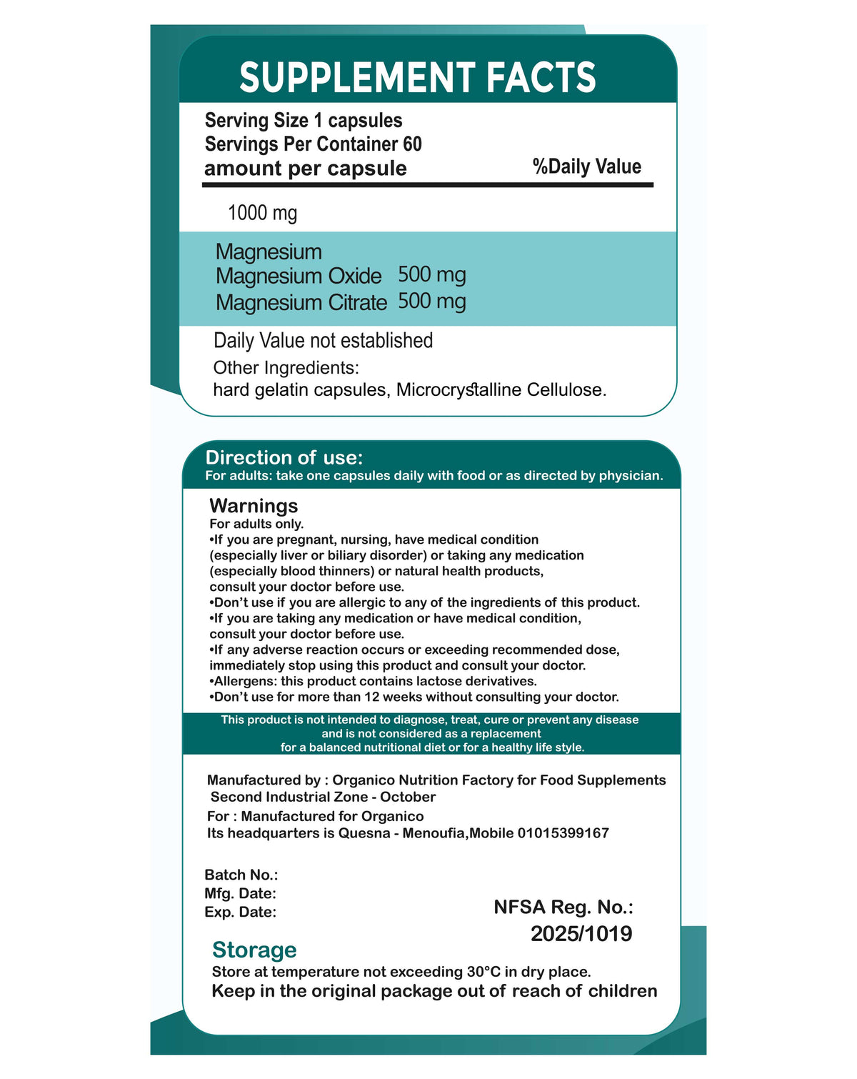 Organico Magnesium Citrate Complex with Magnesium Oxide – 1000 mg – 60 Capsules