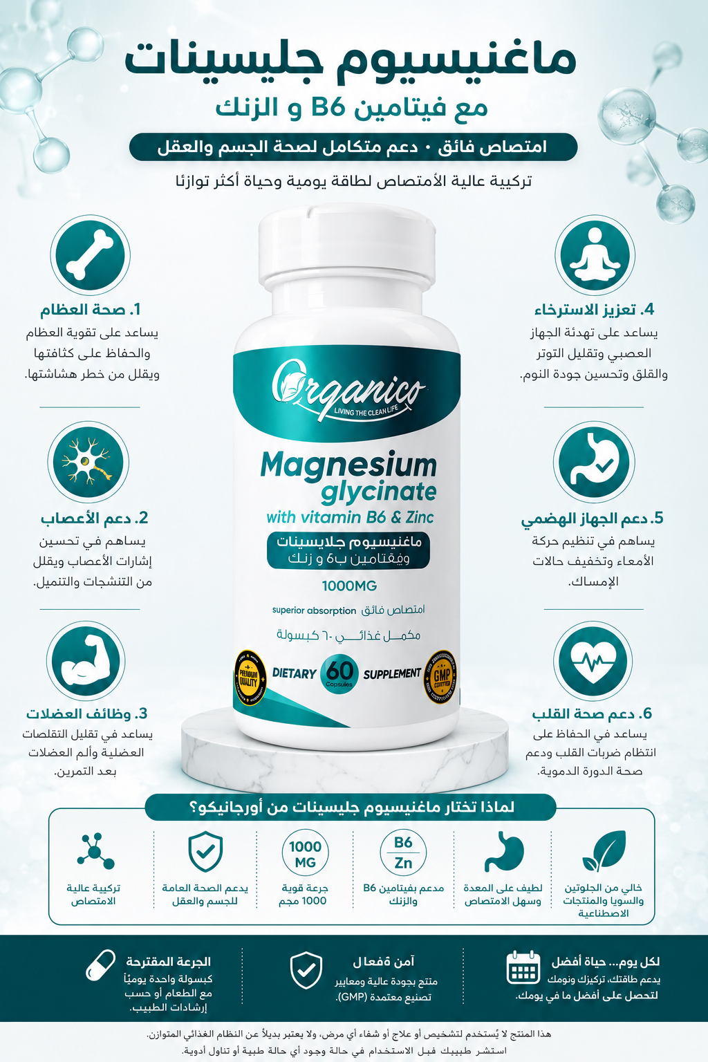 Magnesium Glycinate 1000mg with Vitamin B6 & Zinc. High absorption formula designed to support muscle function, nerve health, relaxation, sleep quality, energy production and overall wellness. 60 capsules by Organico.