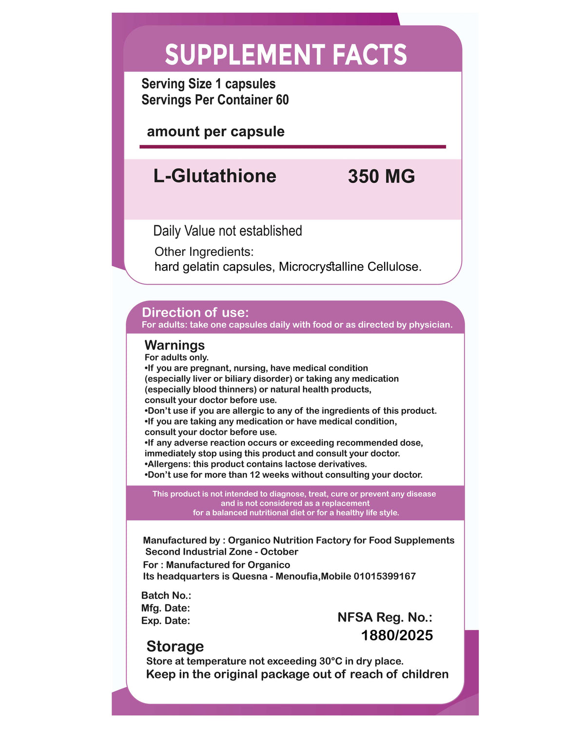 Organico L-Glutathione 350mg – Antioxidant Supplement for Skin Brightening & Cellular Health – 60 Capsules