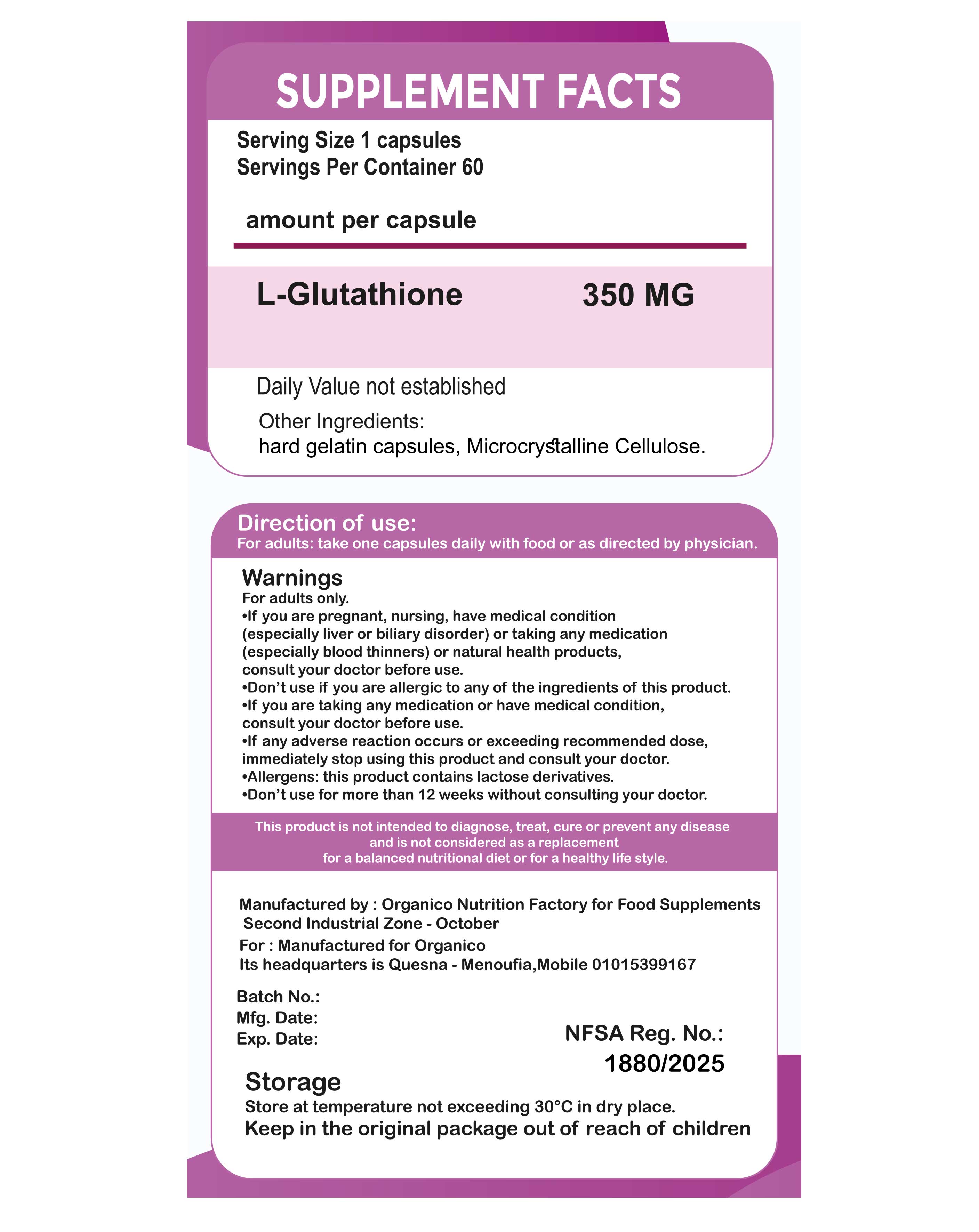 Organico L-Glutathione 350mg – Antioxidant Supplement for Skin Brightening & Cellular Health – 60 Capsules