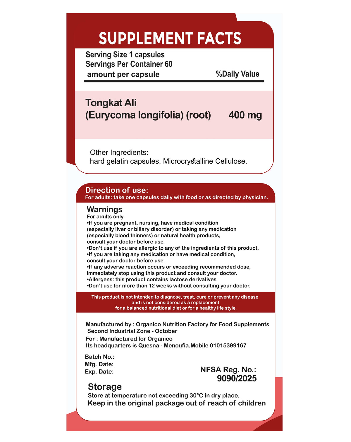 Premium Tongkat Ali 400 mg supplement designed to support energy, vitality, focus, physical performance and overall wellness. 60 capsules from Organico.